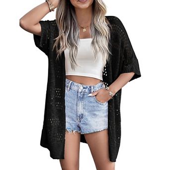 Zeagoo Women's Lightweight Crochet Knit Cardigan Boho Short Sleeve Open Front Oversized Tops