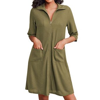 Ekouaer Zipper Robes for Women Waffle Knit Bathrobes Short Lightweight Knee Length Loungewear