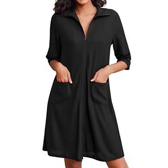Ekouaer Zipper Robes for Women Waffle Knit Bathrobes Short Lightweight Knee Length Loungewear