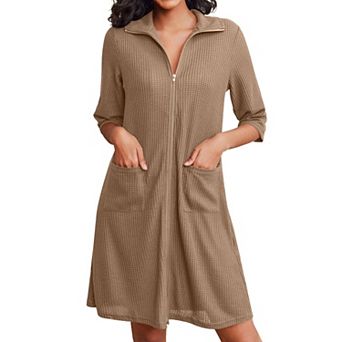 Ekouaer Zipper Robes for Women Waffle Knit Bathrobes Short Lightweight Knee Length Loungewear