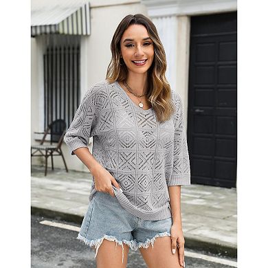Zeagoo Women's Off The Shoulder 3/4 Sleeve Lightweight Crochet Boho Vacation Tops