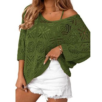 Zeagoo Women's Off The Shoulder 3/4 Sleeve Lightweight Crochet Boho Vacation Tops