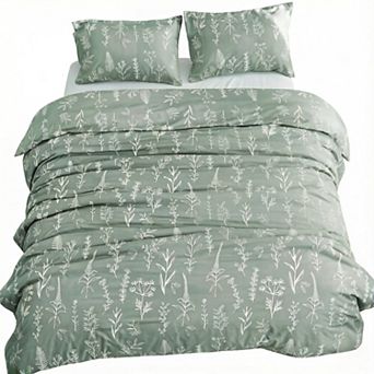 Duvet Cover Full Size, Reversible Floral Green Duvet Cover Set with Zipper Closure, 3 pc