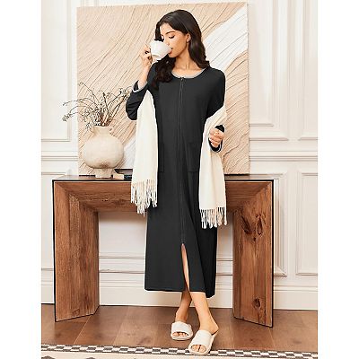 Ekouaer Women Long House Coat Zipper Front Robes Full Length Nightgowns  with Pockets Striped