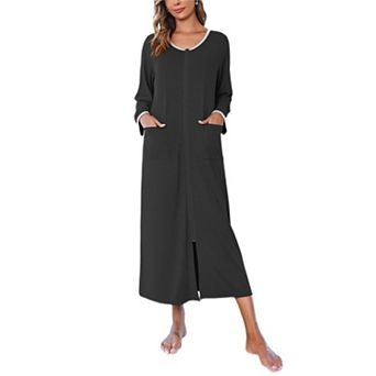 Ekouaer Women Long House Coat Zipper Front Robes Full Length Nightgowns with Pockets Striped