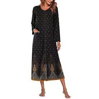 Ekouaer Women Long House Coat Zipper Front Robes Full Length Nightgowns with Pockets Striped