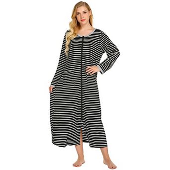 Ekouaer Women Long House Coat Zipper Front Robes Full Length Nightgowns with Pockets Striped