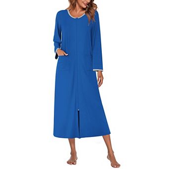 Ekouaer Women Long House Coat Zipper Front Robes Full Length Nightgowns with Pockets Striped