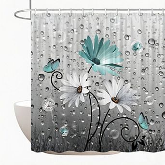 Farmhouse Teal Floral Shower Curtain, Farm Flowers and Butterfly Shower Curtain with 12 pc Hooks