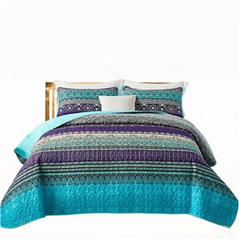 Boho Quilt King Size, Blue Purple Bohemian King Quilt, Lightweight Microfiber Bed Decor(3 Pieces)