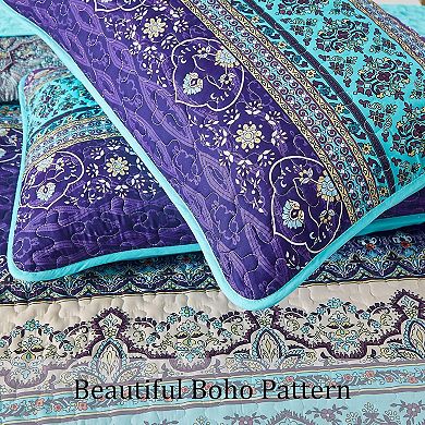 Boho Quilt King Size, Blue Purple Bohemian King Quilt, Lightweight Microfiber Bed Decor(3 Pieces)