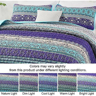 Boho Quilt King Size, Blue Purple Bohemian King Quilt, Lightweight Microfiber Bed Decor(3 Pieces)