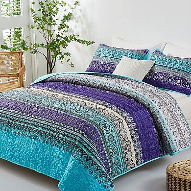 Boho Quilt King Size, Blue Purple Bohemian King Quilt, Lightweight Microfiber Bed Decor(3 Pieces)