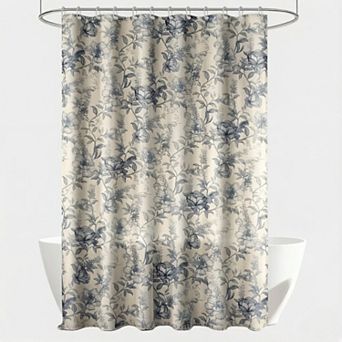 Farmhouse Blue Floral Shower Curtain with 12 Clear Rings, Fabric Faux Linen Shower Curtain Set
