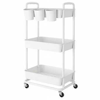 3 tier Plastic Rolling Storage Cart with Hanging Cups Lockable Wheels Multi-function Organizer