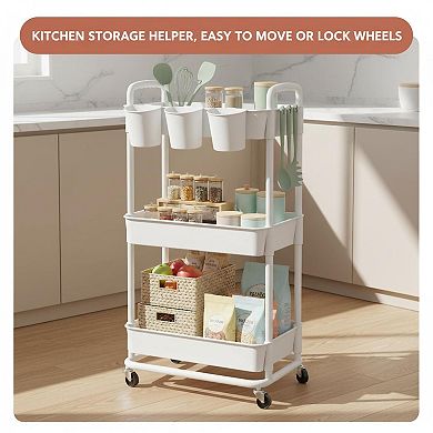 3-tier Plastic Rolling Storage Cart with Hanging Cups Lockable Wheels Multi-function Organizer
