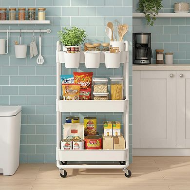 3-tier Plastic Rolling Storage Cart with Hanging Cups Lockable Wheels Multi-function Organizer