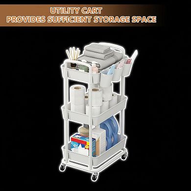 3-tier Plastic Rolling Storage Cart with Hanging Cups Lockable Wheels Multi-function Organizer