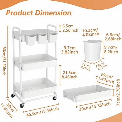3-tier Plastic Rolling Storage Cart with Hanging Cups Lockable Wheels Multi-function Organizer
