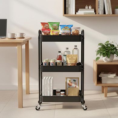 3-tier Rolling Metal Storage Cart Heavy-duty 4 Swivel Casters Easy Assembly Multi-functional