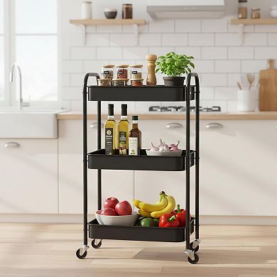 3-tier Rolling Metal Storage Cart Heavy-duty 4 Swivel Casters Easy Assembly Multi-functional