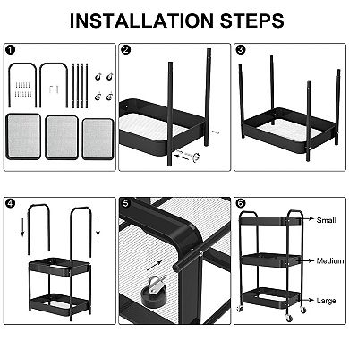 3-tier Rolling Metal Storage Cart Heavy-duty 4 Swivel Casters Easy Assembly Multi-functional
