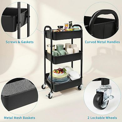 3-tier Rolling Utility Cart with Caster Wheels Easy Assembly for Kitchen Bathroom