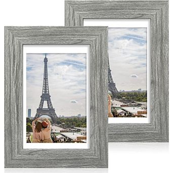 4x6 Picture Frame Set of 2,Made of Real Glass and Rustic Grey Wooden Frame -Wall or Tabletop Display