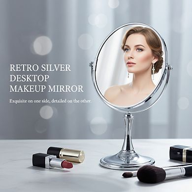 Vintage 8" Double Sided Vanity Mirror, 1X/3X Magnification Silver Oval with Stand