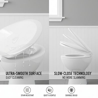White Elongated Toilet Seat Soft Close, Transitional Style Easy-Clean Hinges