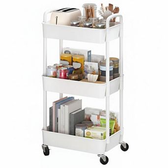 3 tier Plastic Rolling Utility Cart with Handle Multifunctional Storage Trolley Movable Organizer