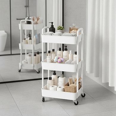 3-Tier Plastic Rolling Utility Cart with Handle Multifunctional Storage Trolley Movable Organizer