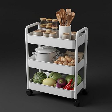 3-Tier Plastic Rolling Utility Cart with Handle Multifunctional Storage Trolley Movable Organizer