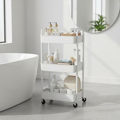 3-Tier Plastic Rolling Utility Cart with Handle Multifunctional Storage Trolley Movable Organizer