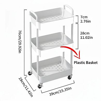3-Tier Plastic Rolling Utility Cart with Handle Multifunctional Storage Trolley Movable Organizer