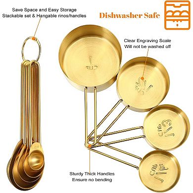 9 Pcs Golden Stainless Steel Measuring Cups and Spoons Set, Stackable & Long Handle