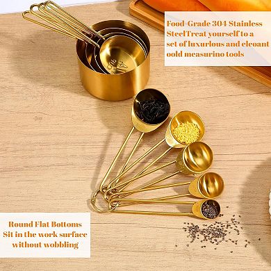 9 Pcs Golden Stainless Steel Measuring Cups and Spoons Set, Stackable & Long Handle