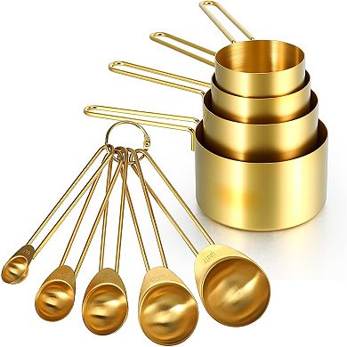 9 Pcs Golden Stainless Steel Measuring Cups and Spoons Set, Stackable & Long Handle