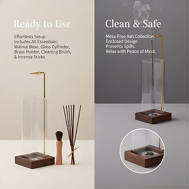 Wooden Incense Holder with Glass Ash Catcher, 20 Sticks Brush for Meditation Decor