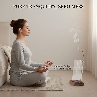 Wooden Incense Holder with Glass Ash Catcher, 20 Sticks Brush for Meditation Decor