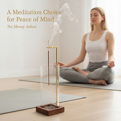 Wooden Incense Holder with Glass Ash Catcher, 20 Sticks Brush for Meditation Decor