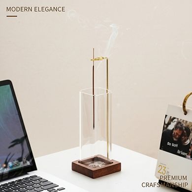 Wooden Incense Holder with Glass Ash Catcher, 20 Sticks Brush for Meditation Decor