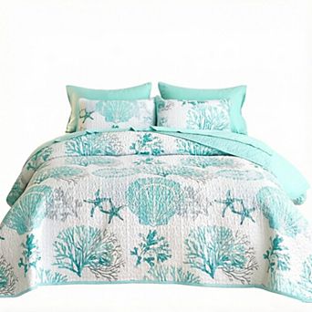 Coastal Quilt Set, Nautical Ocean Beach Themed Tropical Summer Patterned, 3 Pieces, Queen/Full Size