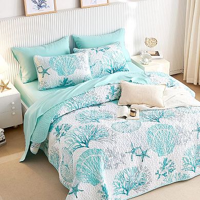 Coastal Quilt Set, Nautical Ocean Beach Themed Tropical Summer Patterned, 3 Pieces, Queen/Full Size