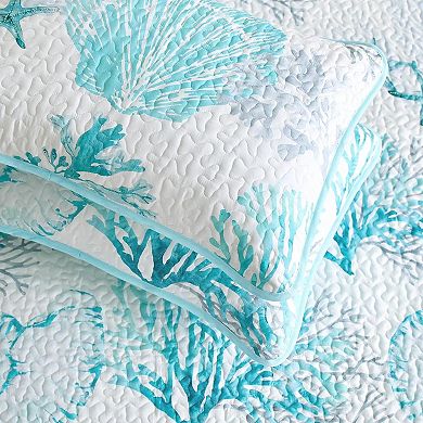 Coastal Quilt Set, Nautical Ocean Beach Themed Tropical Summer Patterned, 3 Pieces, Queen/Full Size