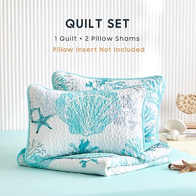 Coastal Quilt Set, Nautical Ocean Beach Themed Tropical Summer Patterned, 3 Pieces, Queen/Full Size