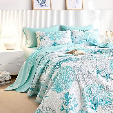 Coastal Quilt Set, Nautical Ocean Beach Themed Tropical Summer Patterned, 3 Pieces, Queen/Full Size