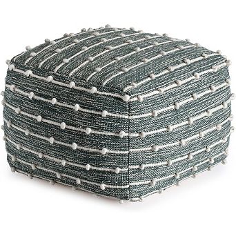 Handcrafted Round Pouf Ottoman Footrest 22 x 22 x 16 Green Ivory
