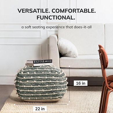 Handcrafted Round Pouf Ottoman Footrest 22 x 22 x 16 Green Ivory