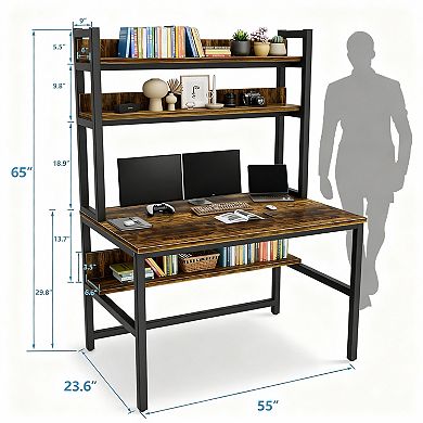 55" Rustic Brown Desk with Hutch, Extra Storage, Easy Assembly